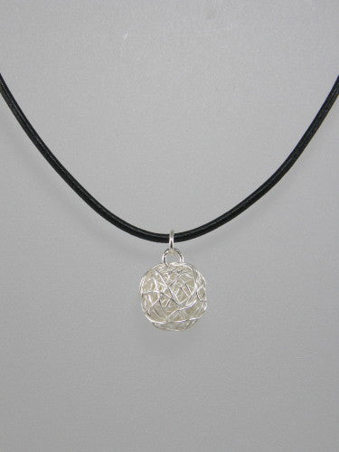 Medium sterling silver yarn ball measures 15 mm and is available on 16, 18 or 20 inch thick ball chain or 16 or 18 inch thick leather cord, with sterling silver clasp.