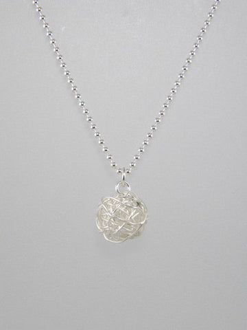 Medium sterling silver yarn ball measures 15 mm and is available on 16, 18 or 20 inch thick ball chain or 16 or 18 inch thick leather cord, with sterling silver clasp.