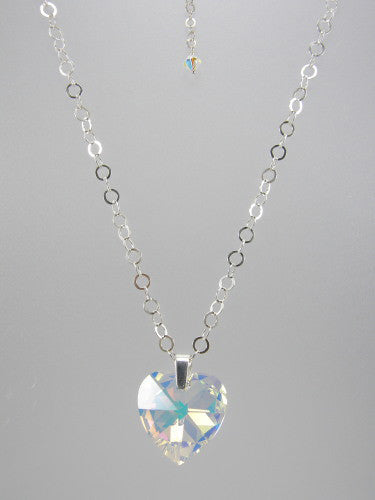 Sterling silver chain with 5 mm flat circle links and 28 mm crystal heart pendant.