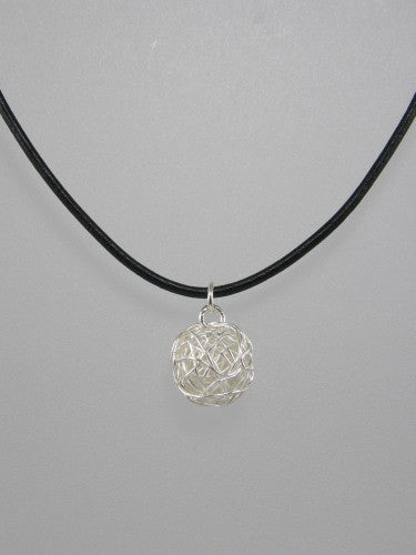 Medium sterling silver yarn ball measures 15 mm and is available on 16, 18 or 20 inch thick ball chain or 16 or 18 inch thick leather cord, with sterling silver clasp. 